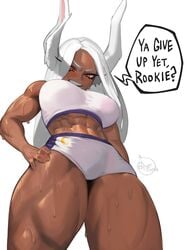 1girls abs bitterbomb bunny_ears clenched_teeth clothed dark-skinned_female female female_only frown hand_on_hip highres large_breasts long_hair looking_at_viewer looking_down miruko muscular_arms muscular_female muscular_thighs my_hero_academia plain_background rabbit_ears red_eyes rumi_usagiyama shorts solo speech_bubble sports_bra sweat sweet_dynamite text thick_thighs tight_clothing wet_skin white_background white_hair workout_clothes