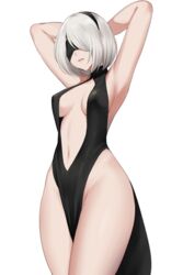 1girls android black_dress blindfold breasts dress female female_only hairband hands_behind_head kuronerinka nier:_automata nier_(series) short_hair solo thighs white_background white_hair yorha_2b