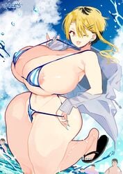 1girls achumuchi areola_slip areolae ass bare_shoulders beach big_ass big_breasts big_butt bikini blonde_hair blue_nails blush blushing breasts cloud colored curvy female female_focus flip_flops hairclip hourglass_figure huge_breasts lips lipstick looking_at_viewer male multicolored_hair original sandals short_hair thick_thighs water wide_hips winking winking_at_viewer