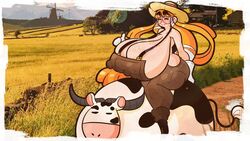 big_breasts closed_eyes cow crashcantheman farm freckled_skin glasses massive_breasts orange_hair starr_(crashcantheman) tagme thick_eyebrows voluptuous