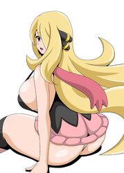 1girls 2017 alternate_breast_size back bare_arms bare_shoulders blonde_hair breasts cosplay cynthia_(pokemon) dawn_(pokemon)_(cosplay) dress eyebrows_visible_through_hair female female_only grey_eyes hair_ornament hair_over_one_eye highres kneehighs koutarosu large_breasts long_hair looking_at_viewer looking_back nintendo open_mouth panties pokemon pokemon_dppt scarf short_dress sideboob simple_background sitting smile solo thick_thighs thighs tongue underwear very_long_hair white_background white_panties zettai_ryouiki