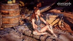 1girls 3d aloy barefoot bracelet braided_hair feet female female_focus female_only horizon_zero_dawn legs_apart long_hair makeup onclebeu one-piece_swimsuit red_hair ring sitting solo solo_female solo_focus spread_legs swimsuit thighs