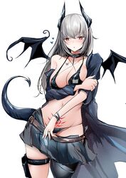 1girls arknights bare_shoulders bare_thighs bikini collar demon_girl grey_hair horns kouki_hanada large_breasts liskarm_(arknights) long_hair open_mouth pubic_tattoo red_eyes skirt solo succubus succubus_horns succubus_tail succubus_tattoo succubus_wings tail tattoo undressing white_background