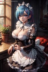 1girls ai_generated big_breasts blue_eyes blue_hair breasts cleavage curvy curvy_female curvy_figure female female_only hair_ornament human large_breasts looking_at_viewer maid maid_apron maid_headdress maid_outfit maid_uniform re:zero_kara_hajimeru_isekai_seikatsu rem_(re:zero) short_hair small_waist smile smiling smiling_at_viewer supr3metr x_hair_ornament