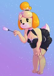 2020 32rabbitteeth alternate_version_available animal_crossing bending_forward black_eyes breasts canid canine canis clothed clothing female female_only fishnets fur furry furry_only hi_res isabelle_(animal_crossing) looking_at_viewer maid maid_uniform nintendo tail yellow_fur