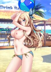 1girls :o adsouto arms_up ball bare_arms bare_shoulders beach beachball bikini bikini_bottom blonde_hair blue_bikini blue_bikini_bottom blue_eyes boku_wa_tomodachi_ga_sukunai breasts butterfly_hair_ornament edit female female_only hair_ornament hi_res highres large_breasts long_hair navel nipples sand sena_kashiwazaki side-tie_bikini sky solo third-party_edit topless topless_bikini very_high_resolution