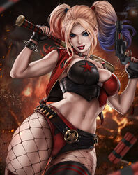 1girls alternate_breast_size baseball_bat batman_(series) big_breasts blonde_hair blue_eyes breasts bullet bullets dandon_fuga dc dc_comics dyed_hair dynamite female female_only fingerless_gloves firearm fishnet_stockings fully_clothed gun handgun harley_quinn hourglass_figure human large_breasts makeup pale_skin red_lipstick revolver solo spiked_bracelet twintails weapon