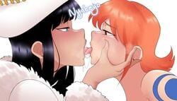 2girls aqua_eyes black_hair blush cowboy_hat female female_only french_kiss french_kissing kissing lesbian long_hair miss_all_sunday nami nami_(one_piece) nico_robin nyabeyo one_piece orange_eyes orange_hair pre-timeskip saliva short_hair tongue_kiss yuri