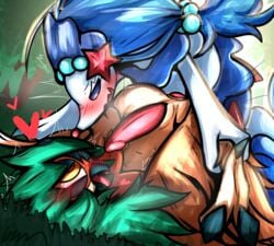 anal anal_sex anthro avian beak blue_eyes blue_hair blush bodily_fluids cum decidueye duo erection feathers feral fermusieboir4 fur genital_fluids genitals hair hi_res male male/male male_only male_penetrated male_penetrating male_primarina mammal marine nintendo nude open_mouth orgasm orgasm_face penetration penis pokémon_(species) pokemon primarina sex smile tongue video_games white_body wings