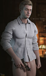 1boy barely_clothed blonde_hair button_down_shirt ethan_winters firearm gun handgun holding_gun holding_object leg_hair male male_only muscles muscular muscular_male partially_clothed partially_nude penis penis_out resident_evil resident_evil_8:_village solo solo_male sthenhx weapon white_male