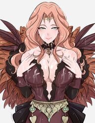 aqua_eyes artist_name bangs bare_shoulders belt blue_eyes breasts brown_dress center_opening choker circlet cleavage closed_mouth collarbone cornelia_arnim cum cum_everywhere cum_on_body cum_on_breasts cum_on_face detached_sleeves dress feathers female female_only fire_emblem fire_emblem:_three_houses forehead_jewel green_eyes hands_on_own_chest hands_over_breasts hands_up highres key large_breasts lewdapplez long_hair looking_at_viewer navel nintendo omiza_somi orange_hair parted_bangs plunging_neckline simple_background smile smug solo strapless strapless_dress suggestive_fluid upper_body wavy_hair wet white_background