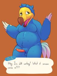 32rabbitteeth alternate_version_available animal_crossing bird blue_feathers dodo furry male male_only nintendo orville_(animal_crossing) precum tongue year_request