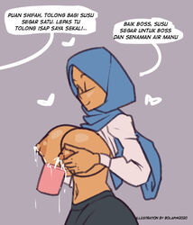 1girls big_breasts bolapistarize closed_eyes clothing cup dark-skinned_female hijab lactating lactating_in_cup lactating_in_glass lactation large_breasts smiling tan_skin text translated