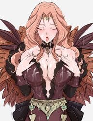 1girls artist_name bangs bare_shoulders belt breasts brown_dress center_opening choker circlet cleavage closed_mouth collarbone cornelia_arnim cum cum_everywhere cum_on_body cum_on_breasts cum_on_face detached_sleeves dress feathers female female_only fire_emblem fire_emblem:_three_houses forehead_jewel green_eyes hands_on_own_chest hands_over_breasts hands_up highres large_breasts lewdapplez long_hair looking_at_viewer navel nintendo omiza_somi open_mouth orange_hair parted_bangs plunging_neckline simple_background solo strapless strapless_dress suggestive_fluid tongue tongue_out upper_body wavy_hair wet white_background