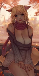 1girls animal_ears autumn blonde_hair blue_eyes breasts female female_only final_fantasy final_fantasy_xiv hair_ornament hanging_breasts kemonomimi large_breasts looking_at_viewer miqo'te off-shoulder_sweater off_shoulder red_lipstick red_nail_polish scarf soranamae sweater tail veiny_breasts