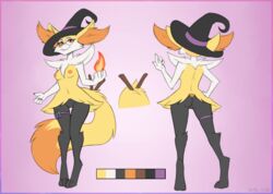 2021 anthro areola ass braixen breasts clothing dipstick_tail elemental_manipulation evilymasterful eyewear female fire fire_manipulation front_view genitals glasses hand_on_hip hat headgear headwear looking_at_viewer model_sheet multicolored_tail navel nintendo nipples nude orange_eyes pokémon_(species) pokemon pokemon_(species) pussy rear_view solo thigh_gap video_games witch_hat