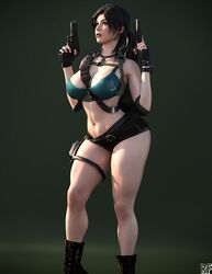 1girls 3d areola_slip areolae black_hair breasts brown_eyes cleavage clothed dual_wielding female female_only firearm gloves gun handgun holster lara_croft lara_croft_(survivor) large_breasts lipstick navel necklace pistol ponytail rude_frog short_shorts shorts solo sports_bra tactical_gear thick thick_eyebrows tight_clothing tomb_raider tomb_raider_(survivor) weapon