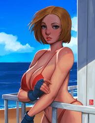 1girls bare_shoulders beach bikini blonde_hair blue_eyes blue_mary blue_sky breast cleavage fatal_fury female female_only fingerless_gloves huge_breasts king_of_fighters large_breasts looking_at_viewer navel realistic short_hair solo swimsuit volt_crocodile