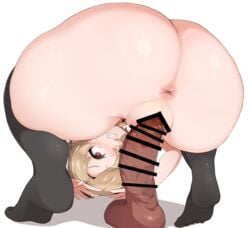 absurdres aki_(sangetusei) anus ass blush bottomless dildo dildo_riding embarrassed female from_behind hair_over_one_eye highres idolmaster idolmaster_cinderella_girls long_bangs looking_at_viewer looking_back object_insertion pussy sex_toy shiny shiny_hair shiny_skin shirasaka_koume short_hair simple_background solo thick_thighs thighs vaginal_object_insertion vaginal_penetration white_background