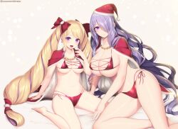 2girls alternate_costume bare_legs barefoot bed bedroom_eyes bikini black_bow blonde_hair bow breasts camilla_(fire_emblem) cape christmas cleavage drill_hair earrings elise_(fire_emblem) female female_only fire_emblem fire_emblem_fates hair_over_one_eye hat highres jewelry kashiwamochi_yomogi kneeling large_breasts legs light_blush long_hair looking_at_viewer medium_breasts multiple_girls navel nintendo on_bed purple_eyes purple_hair red_bikini red_swimsuit santa_hat siblings side-tie_bikini_bottom sideboob simple_background sisters skindentation smile stomach swimsuit tiara twin_drills twintails underboob very_long_hair wavy_hair white_background