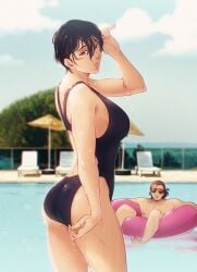 1boy 1girls asian_female ass ass_focus attack_on_titan black_hair eren_jaeger floatie green_eyes hanpetos masculine mikasa_ackerman perky_breasts shingeki_no_kyojin sunglasses swimsuit tight_clothing watersports