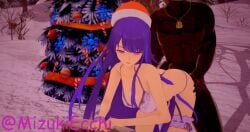 3d 3d_model ahe_gao big_penis bikini breasts christmas christmas_tree dark-skinned_male dick genshin_impact penis raiden_shogun santa santa_claus santa_costume santa_hat sex snow tree_stump