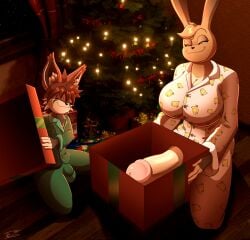 1boy 1futa absurd_res ailurid anthro big_breasts big_penis breasts brown_body brown_fur cherry_popper christmas circumcised clothed clothing couple duo eliott erection evergreen_tree fur furry furry_only futa_is_bigger futa_with_male futanari genitals gift gift_box hi_res holidays huge_breasts huge_cock humanoid humor imminent_sex intersex kneeling lagomorph larger_intersex leporid male mammal orange_body orange_fur original pajamas penis pine_tree plant rabbit red_panda romantic romantic_couple size_difference smaller_male smug smug_face thick_penis tohilewd tree