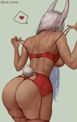 1girls animal_ears animal_tail ass ass_focus backboob betahimeko big_ass bra breasts bunny_ears bunny_girl bunny_tail christmas christmas_clothing christmas_outfit cutesexyrobutts_(style) dark-skinned_female dat_ass female female_only garter_straps hair huge_ass long_hair miruko my_hero_academia red_bra red_thong rumi_usagiyama solo solo_female speech_bubble spoken_heart tail thong undressing white_hair