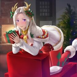 1girls alternate_costume antlers bare_thighs bent_over boots box capelet christmas deep_rising door dress edelgard_von_hresvelg edelgard_von_hresvelg_(snowfall_future) female female_only fire fire_emblem fire_emblem:_three_houses fire_emblem_heroes fireplace gift high_heels holding holding_object horns indoors long_hair long_sleeves looking_at_viewer nail_polish nintendo official_alternate_costume pillow purple_eyes red_nails solo thighhighs thighs thor_(deep_rising) tree white_hair