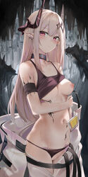 arknights bandages breasts horns mudrock_(arknights) nipples no_bra panties_aside pantsu panty_pull pointy_ears pussy ru_zhai shirt_lift thong uncensored wet