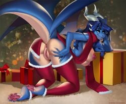 anthro anus aomori ass bedroom_eyes bent_over big_breasts blue_body blue_hair blue_scales breasts christmas christmas_present christmas_stocking christmas_tree clothed clothing dragon female genitals gift hair half-closed_eyes holidays horn kneeling legwear long_tail membrane_(anatomy) membranous_wings mostly_nude narrowed_eyes nipples non-mammal_breasts non-mammal_nipples pawpads plant presenting presenting_hindquarters pussy raised_tail scales scalie scarf seductive skimpy solo tail text thick_tail thigh_highs tree url wings