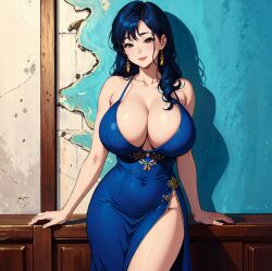 ai_generated asian asian_female big_breasts big_cleavage blue_dress blue_hair busty cleavage dress enormous_breasts huge_breasts large_breasts milf revealing_clothes revealing_clothing revealing_dress