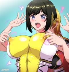 2girls aimoto_rinku akashi_maho big_breasts black_hair blue_eyes breasts clothing collar d4dj female fully_clothed huge_breasts joy_ride nail_polish nipple_bulge nipple_play nipples nipples_visible_through_clothing pink_nails short_hair teasing white_skin