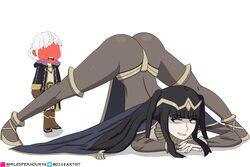 0118 1boy 1girls ass ass_up bangs big_ass black_eyes black_hair bodystocking face_down_ass_up fire_emblem fire_emblem_awakening full_bodystocking grin heavy_blush jack-o_pose jackochallenge long_hair looking_back nintendo pose robin_(fire_emblem) robin_(fire_emblem)_(male) smile solo_focus spread_legs tharja_(fire_emblem)