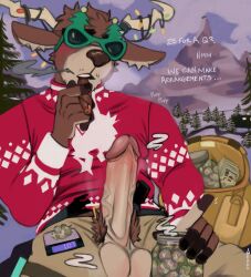 2023 absurd_res anthro antlers bag balls belt big_balls big_penis bottomwear christmas christmas_clothing christmas_lights christmas_sweater christmas_topwear clothing cloud container day deer detailed_background dialogue dolph_(fortnite) drugs english_text epic_games erection eyewear facial_hair fortnite fur genitals glass glass_container glass_jar hi_res holding_object holidays horn humanoid_genitalia humanoid_penis inviting jar jerro looking_at_viewer male male_only mammal marijuana marijuana_blunt mountain new_world_deer number outside pants penis plant presenting presenting_penis pubes reindeer sitting smoke smoking snow solo stubble sunglasses sweater text topwear tree tuft unzipped vein weighing_scale zipper