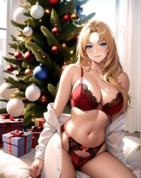 1girls ai_generated ai_mirror belly_button blonde_hair blue_eyes blush christmas christmas_present christmas_tree coat_down curtains long_hair looking_at_viewer medium_breasts red_bra red_lingerie red_panties sitting white_coat white_skin window