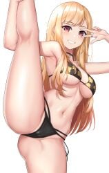 absurdres armpits bare_arms bare_legs bikini black_bikini blonde_hair blush breasts cameltoe cowboy_shot ear_piercing earrings edchi female fingernails flexible floral_print french_tip grin groin gyaru hand_up highres holding_leg jewelry kitagawa_marin kneepits leg_lift long_fingernails long_hair looking_at_viewer medium_breasts nail_polish navel pendant_choker piercing pink_fingernail_polish pink_nail_polish pink_nails print_bikini red_eyes ring shiny_skin simple_background smile solo sono_bisque_doll_wa_koi_wo_suru split spread_legs standing standing_on_one_leg standing_split stud_earrings swimsuit thighs underboob w_over_eye white_background