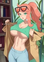 1girls barleyshake big_breasts blush breasts clothing crop_top female female_focus female_only glasses green_eyes large_breasts long_hair nintendo nipples_visible_through_clothing open_mouth orange_hair pokemon pokemon_ss solo solo_female sonia_(pokemon) sweat thighs underboob undressing