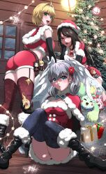 3girls absurd_res alternate_costume ass asymmetrical_bangs black_boots black_gloves black_hair black_stockings blonde_hair blue_eyes blush boots breasts brown_stockings bubble_butt christmas christmas_clothing christmas_lights christmas_outfit christmas_tree cleavage elbow_gloves female female_only fiora_(xenoblade) gloves green_eyes hair_ornament head_wings highres kino_(xenoblade) large_ass large_breasts long_hair looking_at_viewer looking_back medium_breasts melia_antiqua mercury_xeno monolith_soft nene_(xenoblade) nintendo open_mouth panties red_eyes santa_costume santa_hat sharla_(xenoblade) short_hair silver_hair smile stockings thick_ass thick_thighs thighhighs thighs very_long_hair wings xenoblade_(series) xenoblade_chronicles