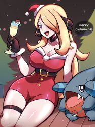 1girls 2023 blonde_hair breasts christmas christmas_clothing christmas_outfit cynthia_(pokemon) female female_only hair_over_one_eye medium_breasts nintendo open_mouth pokemon sitting solo text_bubble touyarokii