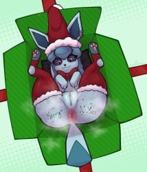 absurd_res anus ass ass_up big_anus big_butt bodily_fluids christmas christmas_clothing christmas_headwear clothing costume eeveelution eve_(avyweathery) female feral generation_4_pokemon genitals gift glaceon goth hat headgear headwear hi_res holidays legwear looking_at_viewer nintendo pawpads paws piercing pillow pokemon pokemon_(species) presenting presenting_anus pussy santa_costume santa_hat solo spread_anus spread_legs spreading steam stockings sweat tail thick_thighs vetero