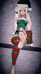 1girls 3d christmas christmas_clothing christmas_outfit earrings elf elf_ears elf_female elf_girl feet feet_up female foot_fetish foot_focus frieren green_eyes hi_res highres koikatsu looking_at_viewer santa_hat self_upload sic_phuck smile soles solo solo_female solo_focus sousou_no_frieren striped_socks thighhighs toes white_hair