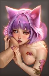 1boy 1girls arm_tattoo ass_tattoo bangs big_breasts blush breast_tattoo cat_ears cat_tail catgirl completely_nude flower flower_tattoo freckles from_above hand hand_on_cheek heterochromia hotaru_sen kneeling light_skin looking_at_viewer mole nose_piercing nude original_character parted_lips pov purple_hair scar sharp_fingernails short_hair small_nipples sweat tattoo wet wet_body