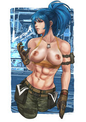 abs biceps blue_hair breasts colored_hair dog_tags earrings ikari_warriors king_of_fighters leona_heidern looking_away military military_uniform monorirogue muscular_female nipples ponytail presenting_breasts snk solo tactical_gear