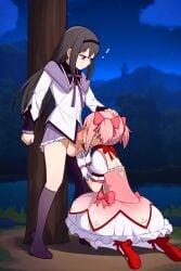 2girls ai_generated akemi_homura black_hair blowjob bottomless fellatio futa_on_female futa_with_female futanari hair_ribbon head_grab holding_head kneeling long_hair madoka_kaname madoka_worship magical_girl magical_girl_outfit mahou_shoujo_madoka_magica night on_knees outdoors pink_eyes pink_hair puella_magi_madoka_magica purple_eyes red_ribbon ribbon ribbons straight_hair twintails