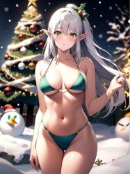 ai_generated bikini christmas christmas_tree elf elf_ears elf_female green_bikini green_eyes holly_(plant) pale_skin silver_hair snow snowball standing