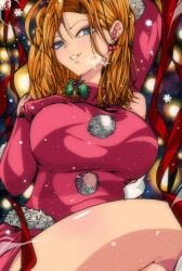 1girls 2022 2d 2d_(artwork) android android_18 anime artist_signature bare_shoulders big_breasts blonde_hair blush blushing_at_viewer breasts breath christmas christmas_outfit color dragon dragon_ball dragon_ball_z ear_piercing earrings elbow_gloves fanart full_color gloves hands_on_breasts light-skinned_female light_skin long_hair looking_at_viewer manga messy_hair mistletoe omochi_db red_elbow_gloves red_ribbon ribbon santa_costume santa_hat seductive seductive_eyes seductive_look seductive_smile shounen_jump smile smiling_at_viewer thick_thighs thighs voluptuous voluptuous_female