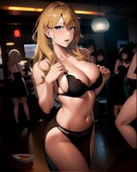 1girls ai_generated ai_mirror background_people belly_button black_skirt black_underwear blonde_hair blue_eyes blush hands_on_breasts light long_hair looking_at_viewer looking_worried medium_breasts open_mouth open_skirt party plate underwear white_skin