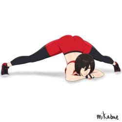 1girls 2d ass_up attack_on_titan black_hair grey_eyes gym_clothes jack-o_pose leggings light-skinned_female light_skin mikabae mikasa_ackerman muscular shingeki_no_kyojin solo spread_legs toned workout