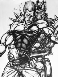 armor black_and_white flushed holding_penis jean_pierre_polnareff jojo's_bizarre_adventure knight looking_at_penis looking_at_viewer male_focus male_only mouth_open muscular_male silver_chariot stardust_crusaders surprised tesx